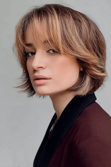 15 jaw length chocolate-brown-honey-blonde-balayage-layered-bob-curtain-bangs_pin